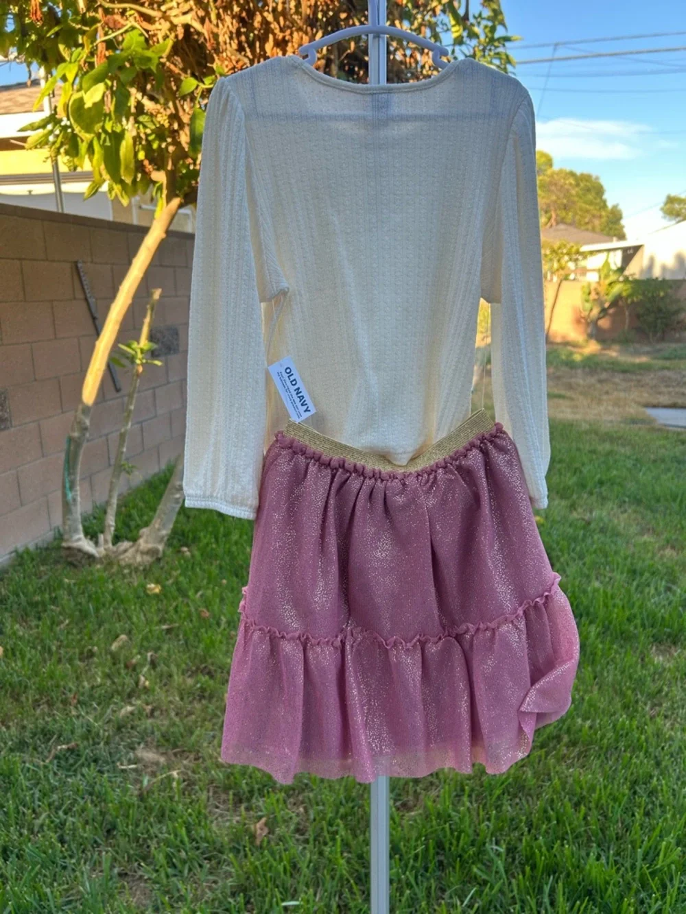 Old Navy Cream Long Sleeve Top with Dusty Rose Sparkle Tulle Skirt